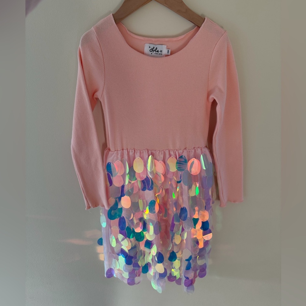Lola + The Boys peach pink paillette dress